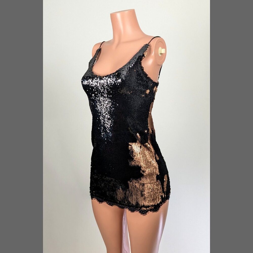 Intimately by Free People Black and Gold Sequin Micro Mini Dress lace hem v-neck